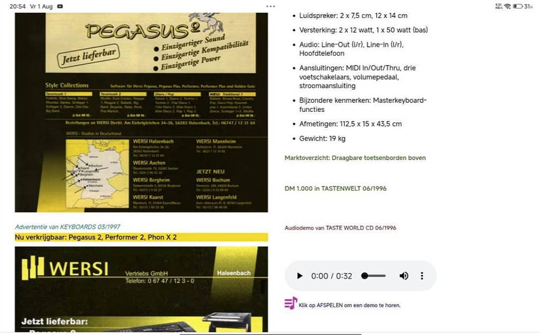 Te Koop Aangeboden Tweedehands in Nieuwstaat verkerende Wersi OAX1 2 klaviers met Baspedaal.